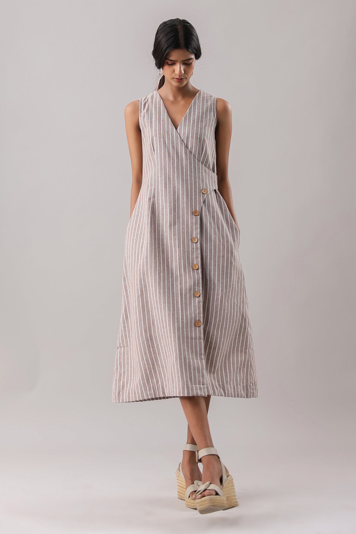 Buy Brown Striped Wrap Midi Dress by Why Look West for women online at ScrollnShops